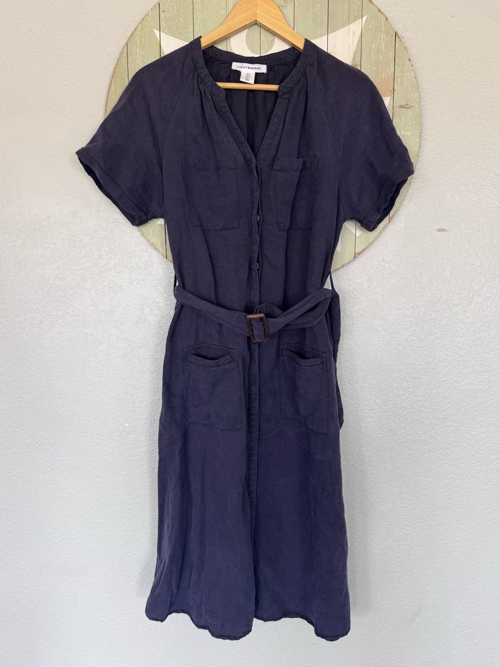 Lucky brand linen blend navy belted midi dress